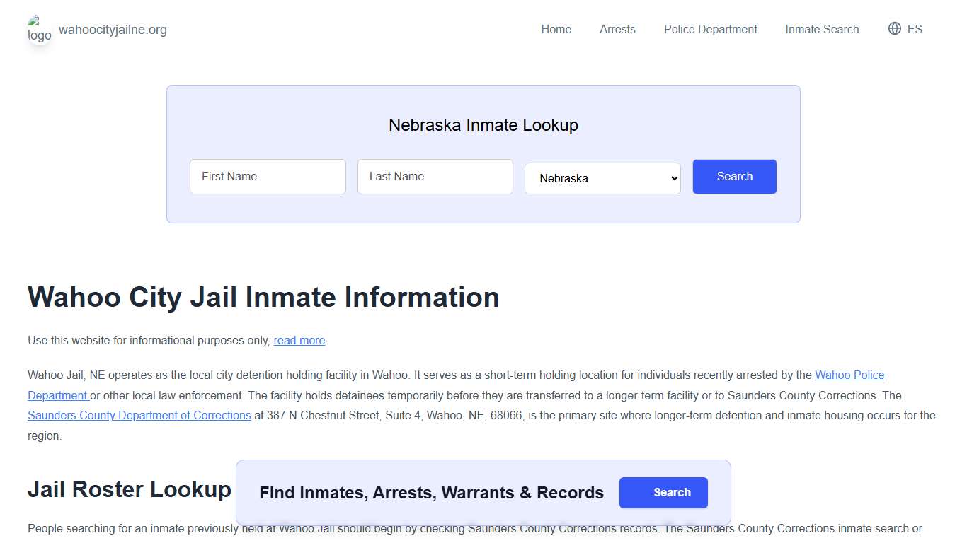 Wahoo Jail, NE Inmate Roster, Municipal Jail Info